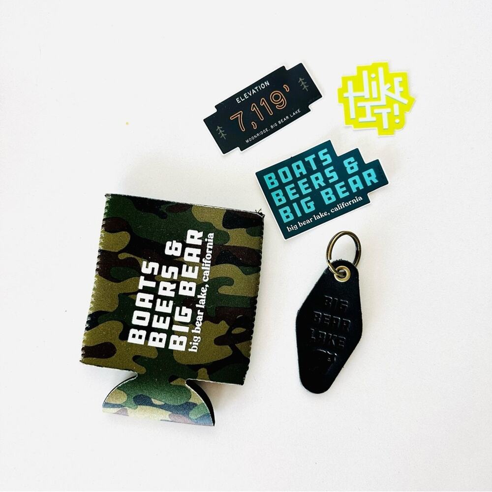 BIG BEAR California Souvenir Beer Koozie Black Leather Keychain Stickers Bundle